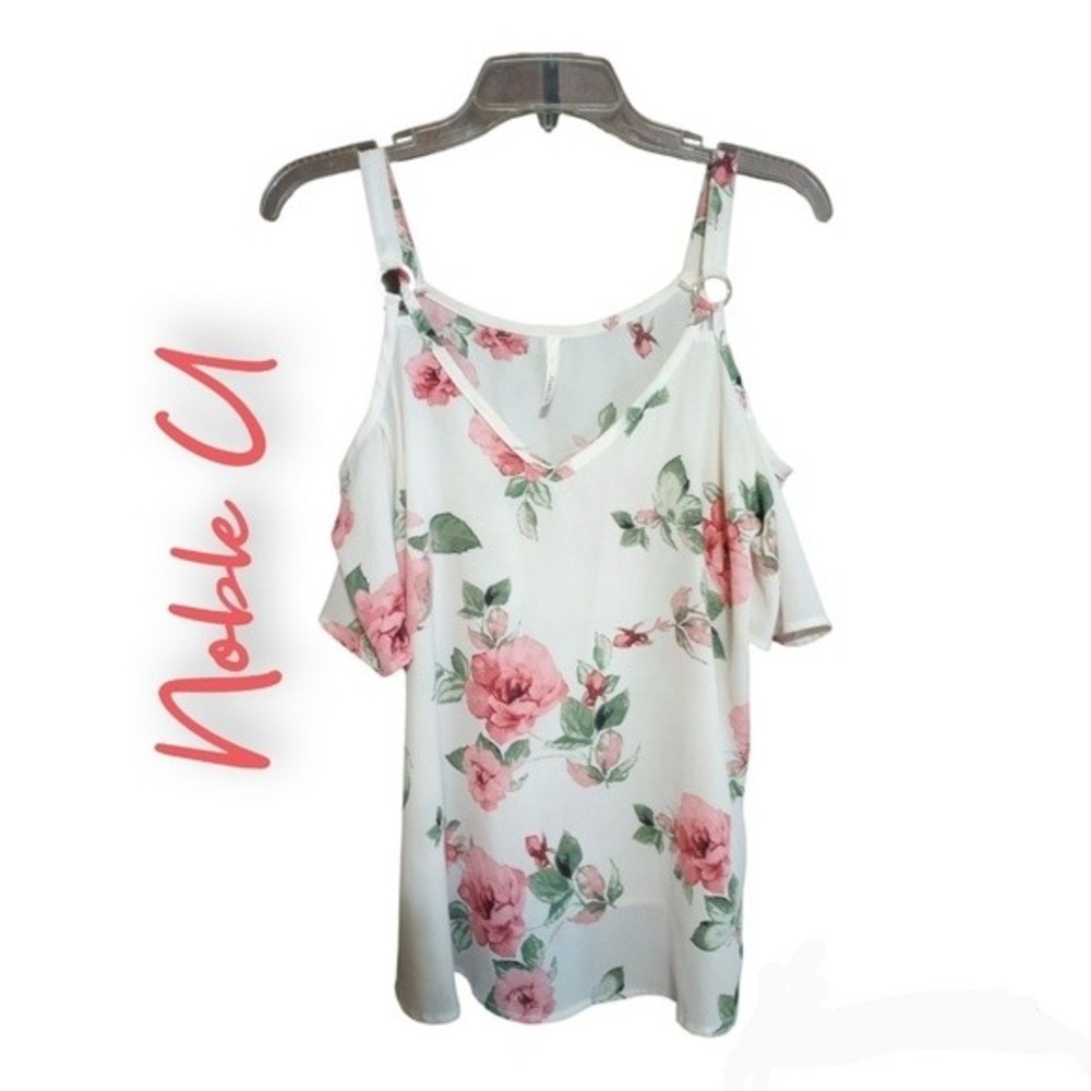 NWOT Noble U Sm Semi Sheer Floral Cold Shoulder Chiffon Short Sleeve Top